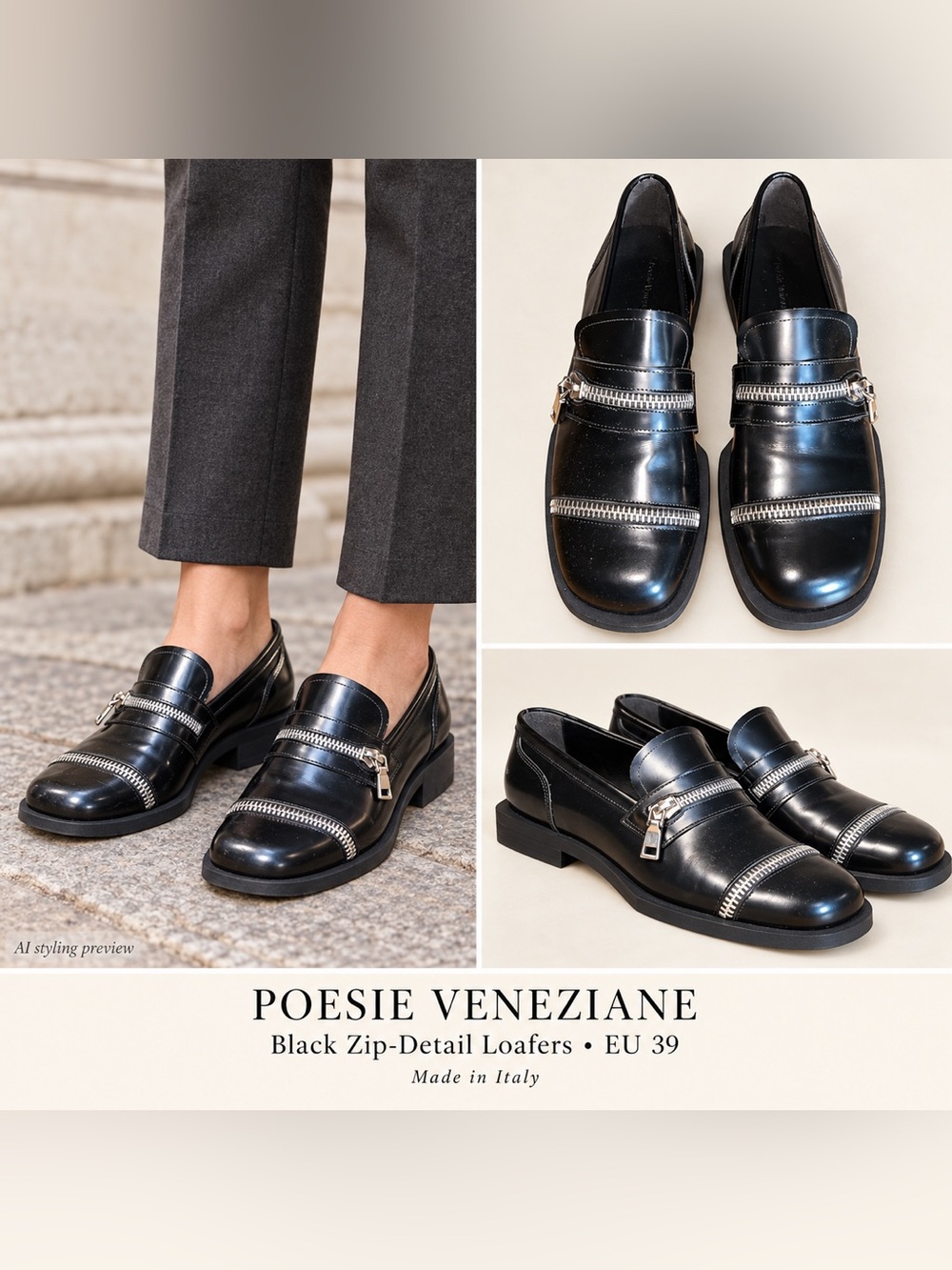 Poesie Veneziane Black Zip Detail Loafers EU 39 Made in Italy